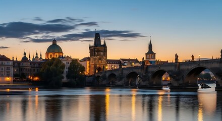 Obraz premium Historic stone bridge and gothic towers at sunset in prague
