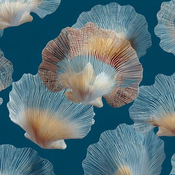 White and orange shells on a blue background collection of marine shells displayed on blue surface