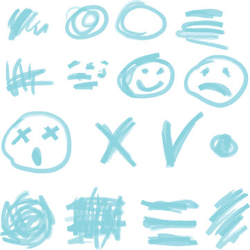 Vector set of blue marker doodles: smiley faces, crosses, checkmarks, circles, strikethroughs and lines. Clean design, isolated on white background