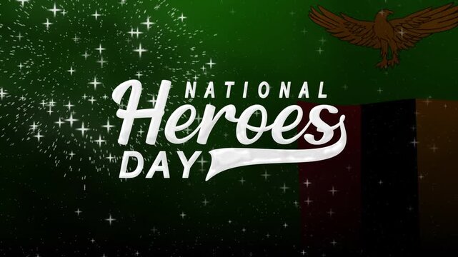 National heroes day text animation with waving flag and fireworks suitable for patriotic celebrations and historical events.