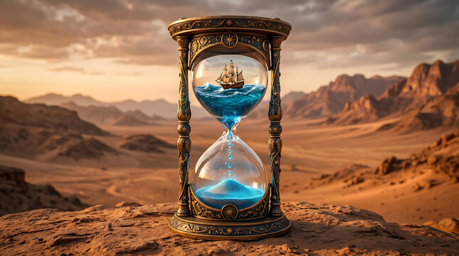 Surreal golden hourglass with a tiny ship sailing inside a desert landscape