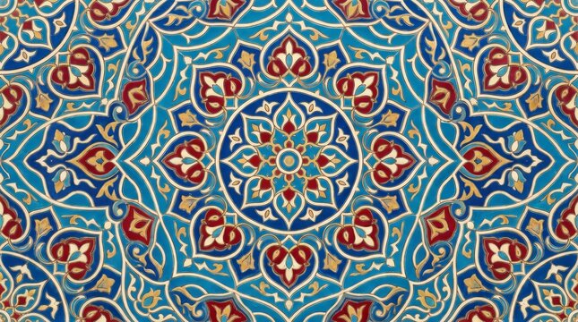 Blue and red luxury arabic carpet pattern featuring floral symmetry geometric ornament seamless traditional moroccan