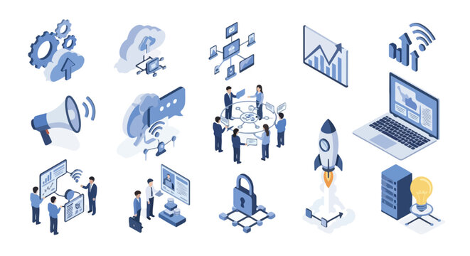 A collection of blue isometric icons illustrating modern business concepts like cloud computing, data analytics, teamwork, and digital security.