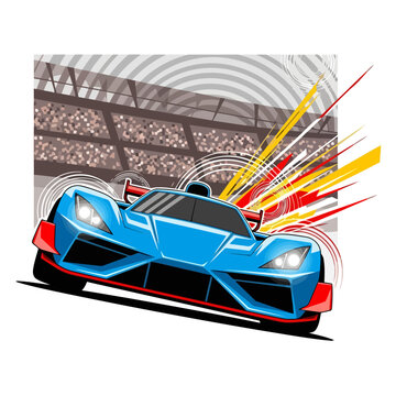 Dynamic vector illustration of a blue sports racing car speeding down a track with motion lines inside a packed stadium with spectator grandstands.