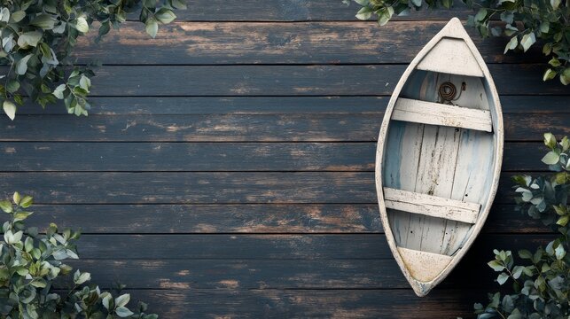 Empty rustic boat on dark wood planks, greenery border