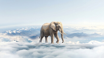 Fototapeta premium Surreal background of a majestic elephant walking on clouds above mountains