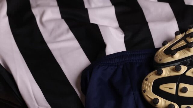 soccer ball and cleats on striped jersey (association football kit with shorts and boots) sports player gear competition playing play goal scoring