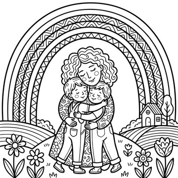 Mother hugging two sons coloring page