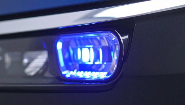 A Close Up View of a Vehicle Headlight Component Illuminated With a Blue Light
