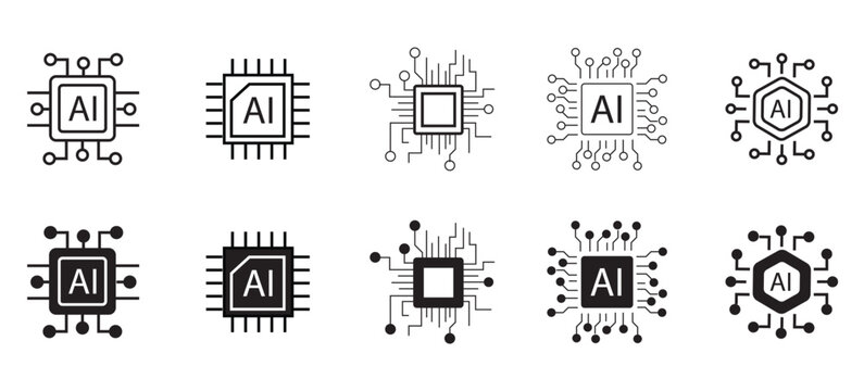 AI Chip Hardware Icon Set - Vector Linear and Glyph Style Icons for Artificial Intelligence, Machine Learning, and Future Tech Concepts