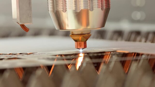 Industrial laser cutting machine cutting metal plate in factory setting.