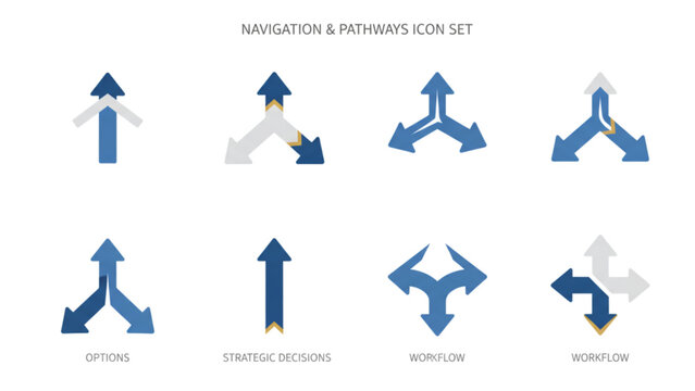 Navigation and decision crossroad arrow icon set vector black silhouette collection showing route selection multiple paths direction choice alternative