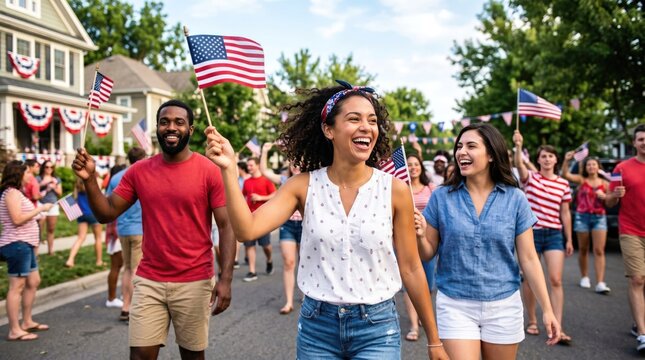 Diverse group of happy young adults walking in a patriotic neighborhood parade holding American flags celebrating independence day with joy and community spirit