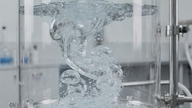 Medium shot of clear resin beads forming dynamically in an agitated reactor showcasing fluid polymerization and bead growth in a controlled laboratory environment.