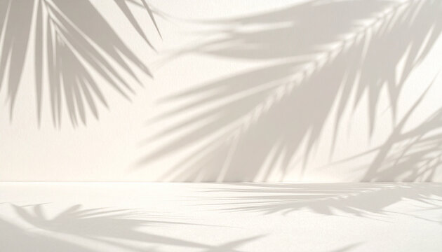 Palm Leaf Shadows on White: Delicate palm leaf shadows create a serene and airy atmosphere, casting intricate patterns on a clean white surface, evoking tranquility and natural beauty.