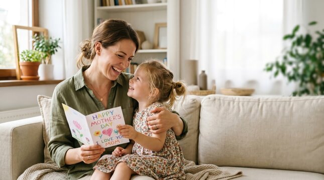 Happy Mother and Young Daughter Celebrating Mother Day with Handmade Card at Home on Sofa, Authentic Family Bonding Moment, Love and Appreciation Concept, Caucasian Family