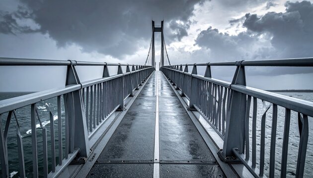 A long, imposing suspension bridge stretching into a dramatic, cloudy sky, evoking a sense of vastness and journey.