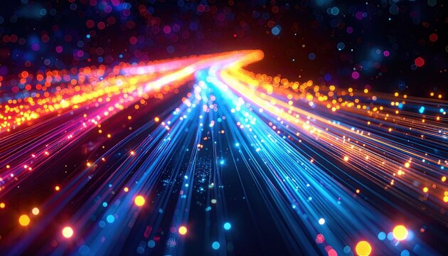 Abstract network of vibrant optical fiber optic cables transmitting data with glowing light streams