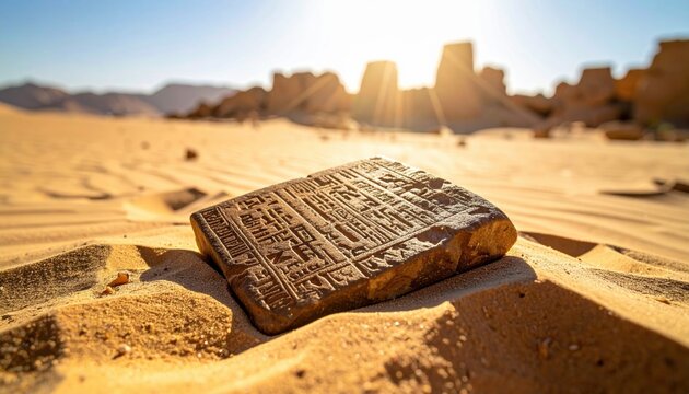 Ancient stone tablet with intricate carvings resting in sun-drenched desert sands