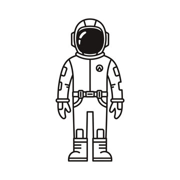 Minimalist line drawing of a standing astronaut with a round helmet and detailed spacesuit