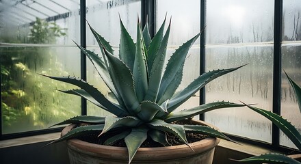 Obraz premium A large blue agave americana plant grows in a terracotta pot inside a humid greenhouse with misty glass windows, showcasing its sharp spiked leaves and desert beauty.