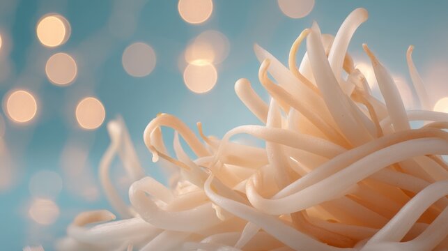Fresh Bean Sprouts Piled on Top of Each Other with Blurred Bokeh Background Adding a Soft, Dreamy Feel to the Image