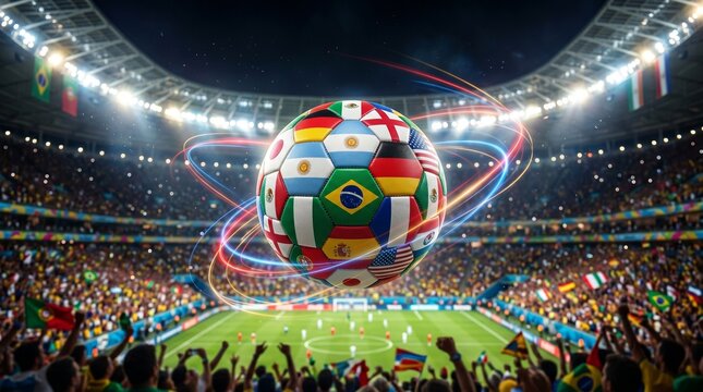 A large soccer ball with many international flags is flying through a crowded stadium during a game.