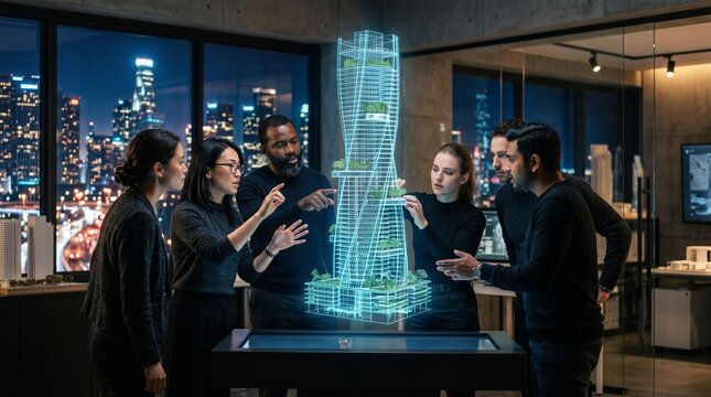 Diverse team of architects discusses a futuristic sustainable skyscraper project using a holographic display in a modern office.