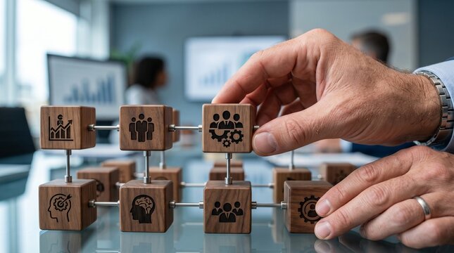 A man is arranging wooden blocks with business icons on a glass table in a modern office meeting room.
