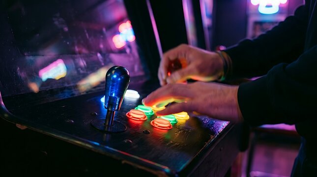 Arcade Game Play: Close-up of hands operating a vintage arcade machine, fingers pressing colorful buttons and gripping the joystick amidst vibrant neon lights.