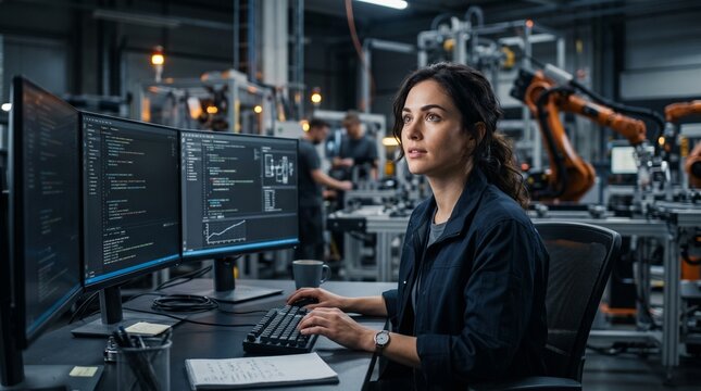 Thoughtful woman engineer using a desktop computer with multiple screens in a modern industrial factory setting.