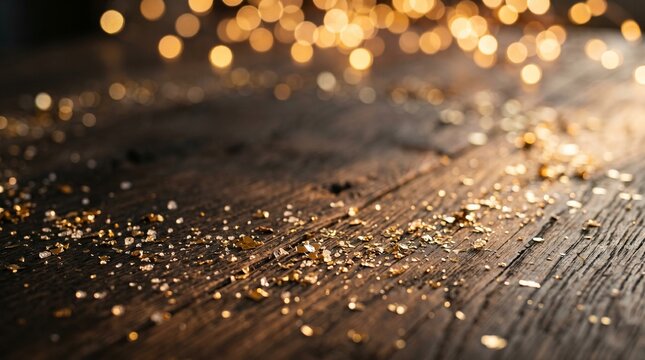 Glimmering golden glitter pieces are scattered across a rustic wooden table with bokeh lights in the background.