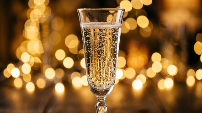 A close up of a tall champagne flute filled with bubbly golden liquid and illuminated bokeh lights in the background.