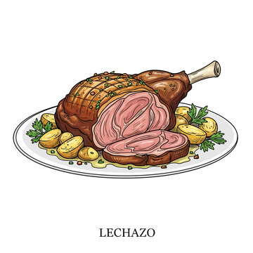 Deliciou Lechazo of a roasted lamb leg, sliced to reveal tender meat, presented with golden potatoes and fresh herbs, embodying a celebratory dining experience