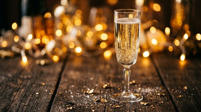 A single flute of sparkling champagne sits on a rustic wooden table with glittering bokeh lights in the background.
