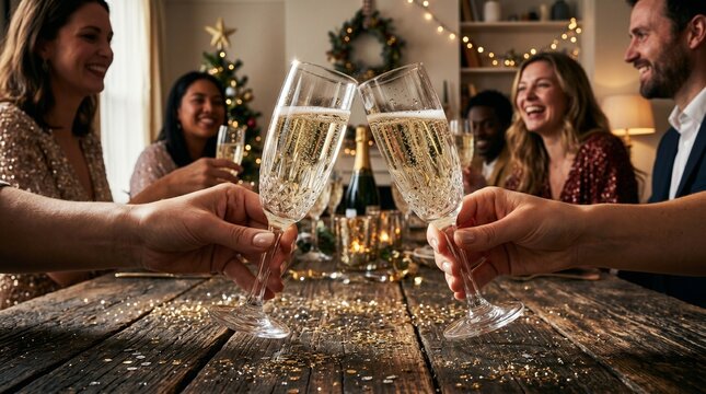 Diverse happy adult friends are making a toast with champagne glasses at a festive dinner party in a cozy home.