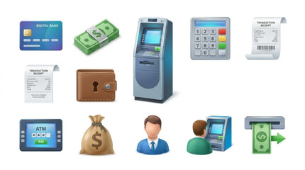 Fototapeta premium Collection of Financial Transaction Icons Featuring ATM Machines Banking Cards and Monetary Symbols