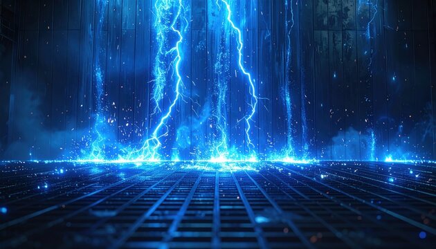 Electric blue lightning sparks cascade down a dark, textured grid floor, creating an energetic and powerful spectacle.