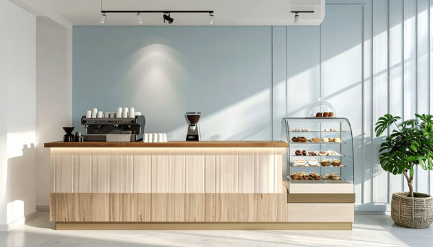 Modern Coffee Shop Counter: A sleek, minimalist coffee shop counter featuring a professional espresso machine, grinder, and display case filled with pastries, bathed in soft.