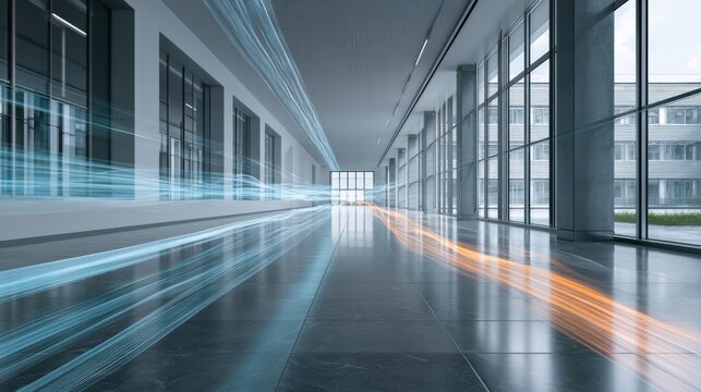 A long corridor in a tech campus features glowing data streams along the surfaces. The design showcases strong lines and a wide empty space.