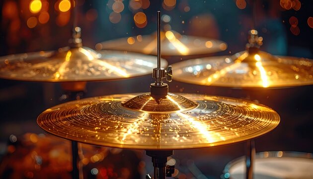 Gleaming brass cymbals positioned for a musical performance with a blurred background of bokeh lights
