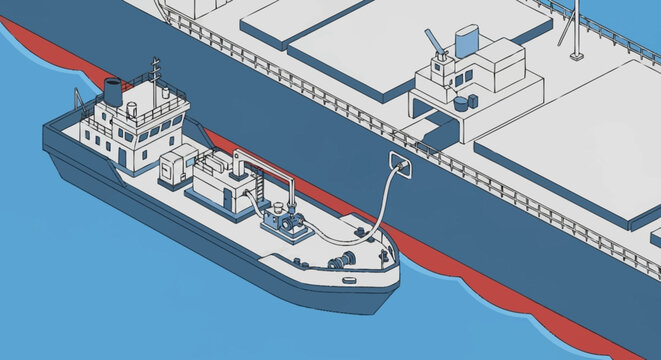 Illustration of a smaller barge transferring cargo to a large container ship at sea.