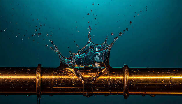 Leaky Pipe Splashing Water: A burst pipe creates a dramatic splash of water against a deep blue background, highlighting a plumbing failure and the urgency of repair.