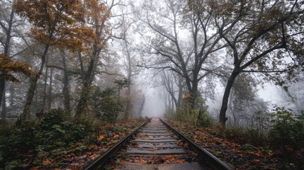 Fototapeta premium Serene Rail Tracks Through Misty Forest in Autumn Surrounded by Colorful Foliage and Soft Light Creating an Atmospheric Mood