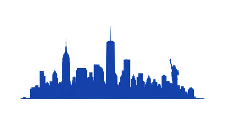 Obraz premium ultra-minimalist sapphire blue vector silhouette of the iconic manhattan skyline, empire state, one world trade, and statue of liberty against white copy space. concept for corporate branding