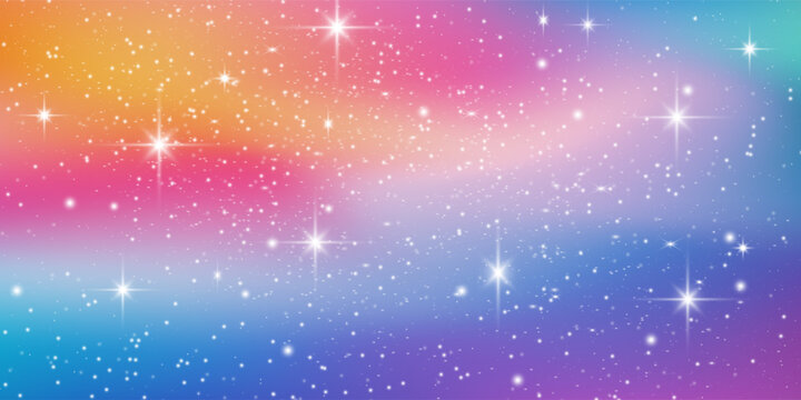 Unicorn magical bokeh background with pastel rainbow gradient and sparkling stars for fantasy design. Soft pink, purple and blue colors with glowing light effects. Dreamy fairy tale atmosphere