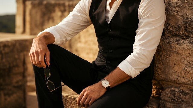 Man in waistcoat portrait on stone steps - formalwear lifestyle photo