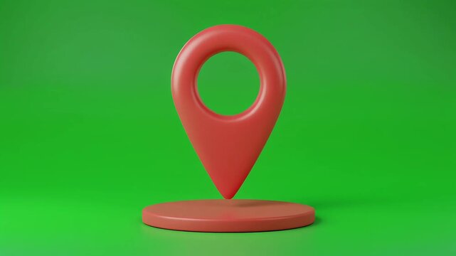 Bright chroma key green screen background. A realistic 3D red map location pin icon drops from above the frame