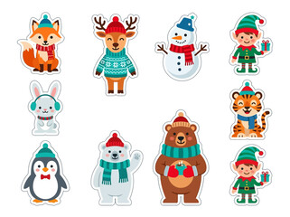 Fototapeta premium Cute Christmas Winter Animal Stickers Set including Fox, Bear, Penguin, Elf, and Snowman Illustrations