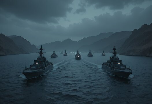 Battleships naval fleet at blue hour sea, warships in formation